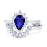 Teardrop Two Piece Art Deco Simulated CZ Wedding Ring 925 Sterling Silver
