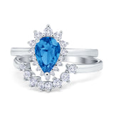 Teardrop Two Piece Art Deco Simulated CZ Wedding Ring 925 Sterling Silver