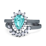 Teardrop Two Piece Art Deco Simulated CZ Wedding Ring 925 Sterling Silver