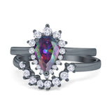 Teardrop Two Piece Art Deco Simulated CZ Wedding Ring 925 Sterling Silver