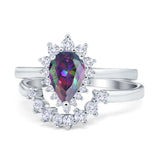 Teardrop Two Piece Art Deco Simulated CZ Wedding Ring 925 Sterling Silver