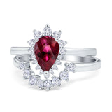 Teardrop Two Piece Art Deco Simulated CZ Wedding Ring 925 Sterling Silver
