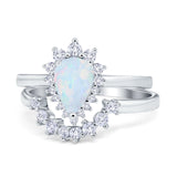Teardrop Two Piece Art Deco Simulated CZ Wedding Ring 925 Sterling Silver
