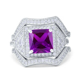 Princess Cut Vintage Art Deco Three Piece Bridal Set Wedding Ring Band Round Simulated Cubic Zirconia 925 Sterling Silver