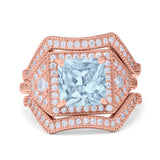 Princess Cut Vintage Art Deco Three Piece Bridal Set Wedding Ring Band Round Simulated Cubic Zirconia 925 Sterling Silver