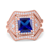 Princess Cut Vintage Art Deco Three Piece Bridal Set Wedding Ring Band Round Simulated Cubic Zirconia 925 Sterling Silver