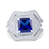 Princess Cut Vintage Art Deco Three Piece Bridal Set Wedding Ring Band Round Simulated Cubic Zirconia 925 Sterling Silver