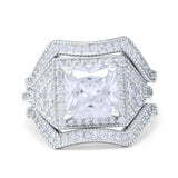 Princess Cut Vintage Art Deco Three Piece Bridal Set Wedding Ring Band Round Simulated Cubic Zirconia 925 Sterling Silver