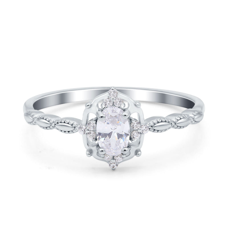 Oval Vintage Floral Engagement Ring Simulated Cubic Zirconia 925 Sterling Silver