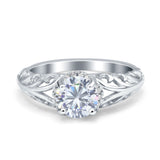 Art Deco Filigree Wedding Engagement Bridal Ring Round Simulated Cubic Zirconia 925 Sterling Silver