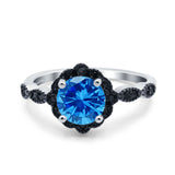 Flower Art Deco Wedding Ring Round Black Simulated Cubic Zirconia 925 Sterling Silver