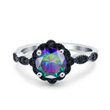 Flower Art Deco Wedding Ring Round Black Simulated Cubic Zirconia 925 Sterling Silver