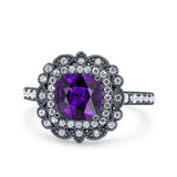Halo Vintage Style Art Deco Solitaire Accent Cushion Wedding Engagement Ring Round Simulated Cubic Zirconia 925 Sterling Silver