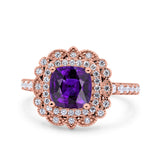 Halo Vintage Style Art Deco Solitaire Accent Cushion Wedding Engagement Ring Round Simulated Cubic Zirconia 925 Sterling Silver