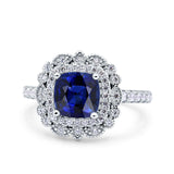 Halo Vintage Style Art Deco Solitaire Accent Cushion Wedding Engagement Ring Round Simulated Cubic Zirconia 925 Sterling Silver