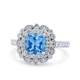 Halo Vintage Style Art Deco Solitaire Accent Cushion Wedding Engagement Ring Round Simulated Cubic Zirconia 925 Sterling Silver