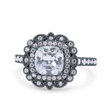 Halo Vintage Style Art Deco Solitaire Accent Cushion Wedding Engagement Ring Round Simulated Cubic Zirconia 925 Sterling Silver