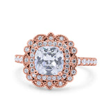 Halo Vintage Style Art Deco Solitaire Accent Cushion Wedding Engagement Ring Round Simulated Cubic Zirconia 925 Sterling Silver