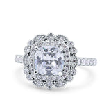 Halo Vintage Style Art Deco Solitaire Accent Cushion Wedding Engagement Ring Round Simulated Cubic Zirconia 925 Sterling Silver