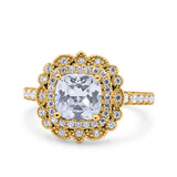 Halo Vintage Style Art Deco Solitaire Accent Cushion Wedding Engagement Ring Round Simulated Cubic Zirconia 925 Sterling Silver