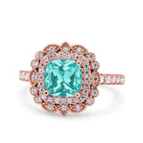 Halo Vintage Style Art Deco Solitaire Accent Cushion Wedding Engagement Ring Round Simulated Cubic Zirconia 925 Sterling Silver