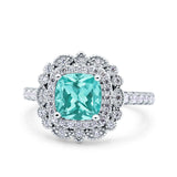 Halo Vintage Style Art Deco Solitaire Accent Cushion Wedding Engagement Ring Round Simulated Cubic Zirconia 925 Sterling Silver