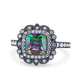 Halo Vintage Style Art Deco Solitaire Accent Cushion Wedding Engagement Ring Round Simulated Cubic Zirconia 925 Sterling Silver