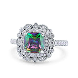 Halo Vintage Style Art Deco Solitaire Accent Cushion Wedding Engagement Ring Round Simulated Cubic Zirconia 925 Sterling Silver