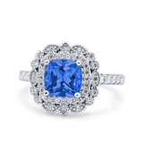 Halo Vintage Style Art Deco Solitaire Accent Cushion Wedding Engagement Ring Round Simulated Cubic Zirconia 925 Sterling Silver