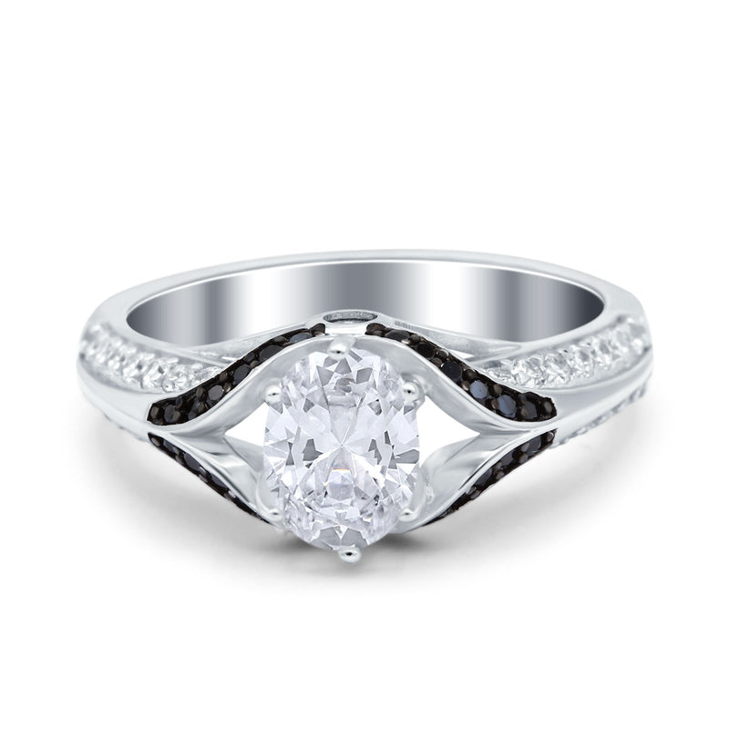 Art Deco Oval Engagement Ring Black Simulated Cubic Zirconia 925 Sterling Silver