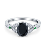 Oval Green Emerald Art Deco Wedding Engagement Bridal Ring Accent Vintage Round Simulated Cubic Zirconia 925 Sterling Silver