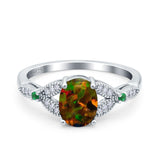 Oval Green Emerald Art Deco Wedding Engagement Bridal Ring Accent Vintage Round Simulated Cubic Zirconia 925 Sterling Silver