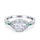 Oval Green Emerald Art Deco Wedding Engagement Bridal Ring Accent Vintage Round Simulated Cubic Zirconia 925 Sterling Silver