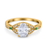Oval Green Emerald Art Deco Wedding Engagement Bridal Ring Accent Vintage Round Simulated Cubic Zirconia 925 Sterling Silver
