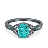 Oval Green Emerald Art Deco Wedding Engagement Bridal Ring Accent Vintage Round Simulated Cubic Zirconia 925 Sterling Silver