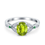 Oval Green Emerald Art Deco Wedding Engagement Bridal Ring Accent Vintage Round Simulated Cubic Zirconia 925 Sterling Silver