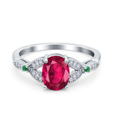 Oval Green Emerald Art Deco Wedding Engagement Bridal Ring Accent Vintage Round Simulated Cubic Zirconia 925 Sterling Silver