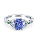 Oval Green Emerald Art Deco Wedding Engagement Bridal Ring Accent Vintage Round Simulated Cubic Zirconia 925 Sterling Silver