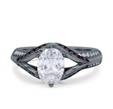 Split Shank Halo Oval Wedding Engagement Ring Black Round Simulated Cubic Zirconia 925 Sterling Silver