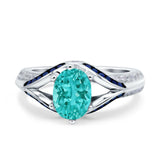 Halo Oval Wedding Engagement Ring Blue Sapphire Round Simulated Cubic Zirconia 925 Sterling Silver