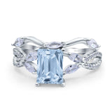 Two Piece Art Deco Emerald Cut Wedding Engagement Bridal Ring Marquise Round Simulated Cubic Zirconia 925 Sterling Silver