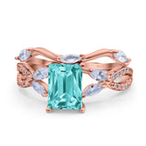 Two Piece Art Deco Emerald Cut Wedding Engagement Bridal Ring Marquise Round Simulated Cubic Zirconia 925 Sterling Silver