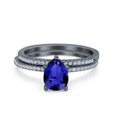 Two Piece Art Deco Pear Wedding Engagement Bridal Set Ring Band Round Simulated Cubic Zirconia 925 Sterling Silver