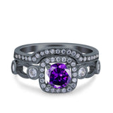 Two Piece Art Deco Wedding Engagement Bridal Set Ring Band Round Simulated Cubic Zirconia 925 Sterling Silver