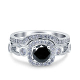 Two Piece Art Deco Wedding Engagement Bridal Set Ring Band Round Simulated Cubic Zirconia 925 Sterling Silver