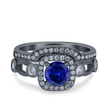 Two Piece Art Deco Wedding Engagement Bridal Set Ring Band Round Simulated Cubic Zirconia 925 Sterling Silver