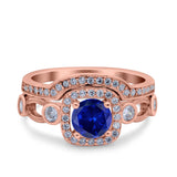 Two Piece Art Deco Wedding Engagement Bridal Set Ring Band Round Simulated Cubic Zirconia 925 Sterling Silver