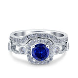 Two Piece Art Deco Wedding Engagement Bridal Set Ring Band Round Simulated Cubic Zirconia 925 Sterling Silver