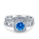 Two Piece Art Deco Wedding Engagement Bridal Set Ring Band Round Simulated Cubic Zirconia 925 Sterling Silver