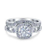 Two Piece Art Deco Wedding Engagement Bridal Set Ring Band Round Simulated Cubic Zirconia 925 Sterling Silver